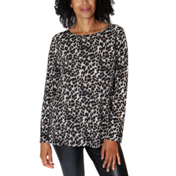 Mario Serrani Crew Neck Long Sleeve Tunic Top Brown Leopard Print Small - Picture 1 of 6